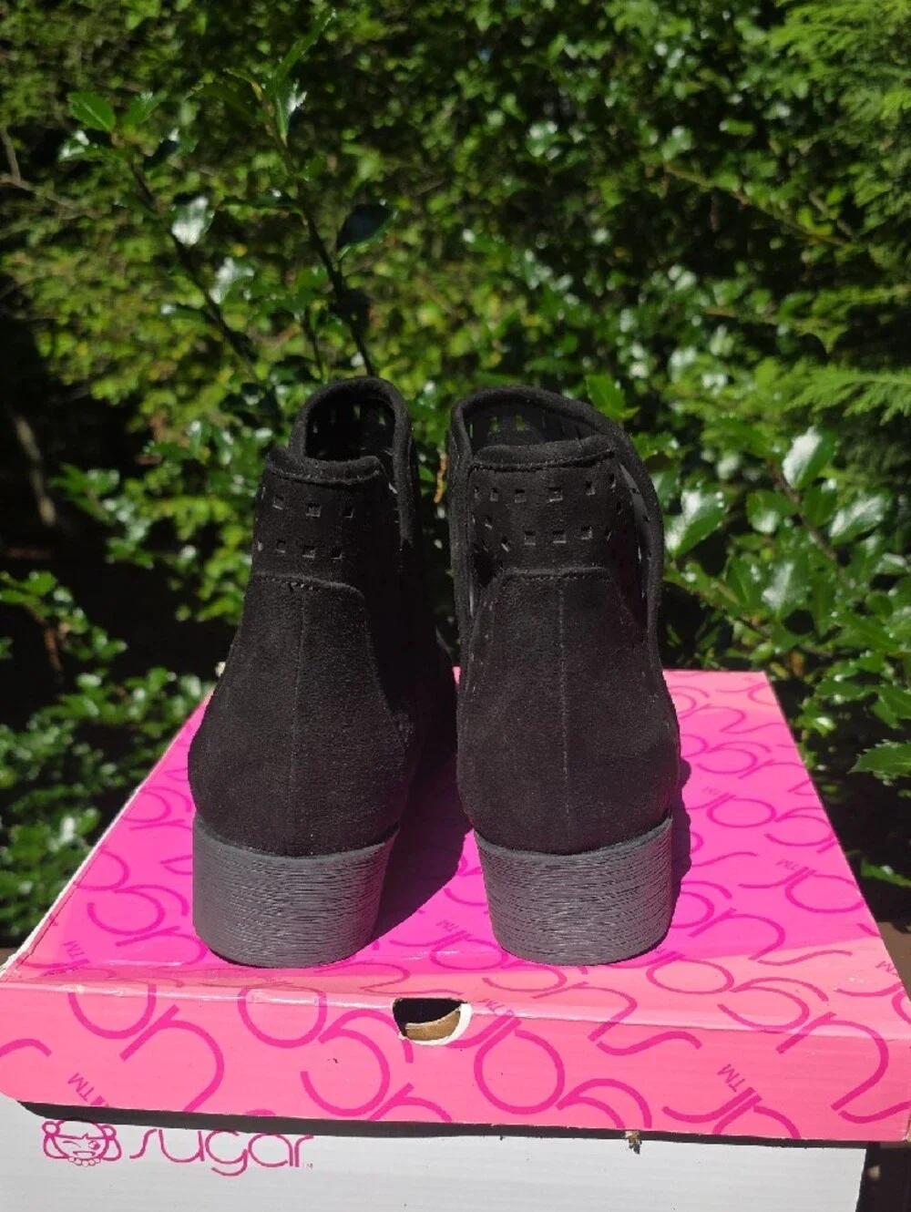 Sugar Black Suede Perforated Ankle Booties